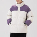 High Collar Color Blocked Puffer Jacket // Cream + Purple (XL)