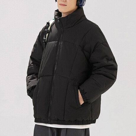 High Collar Big Square Pattern Puffer Jacket // Black (XS)