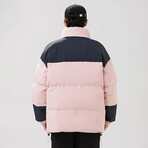 High Collar Color Blocked Puffer Jacket // Pink + Blue (XS)