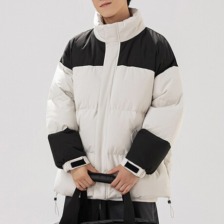 High Collar Color Blocked Puffer Jacket // Cream + Black (XS)