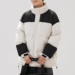 High Collar Color Blocked Puffer Jacket // Cream + Black (M)