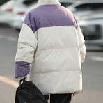 High Collar Color Blocked Puffer Jacket // Cream + Purple (XL)
