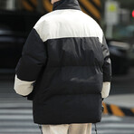 High Collar Color Blocked Puffer Jacket // Black + White (2XL)