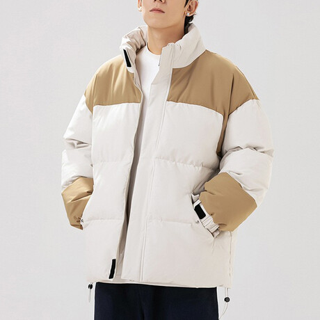 High Collar Color Blocked Puffer Jacket // Cream + Light Brown (XS)