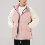 High Collar Collor Blocked Puffer Jacket // Pink + Cream (L)