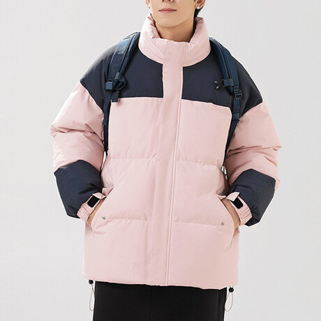 High Collar Color Blocked Puffer Jacket // Pink + Blue (XS)