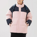 High Collar Color Blocked Puffer Jacket // Pink + Blue (XS)