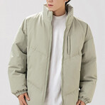 High Collar Front Pocket Puffer Jacket // Gray Green (XL)