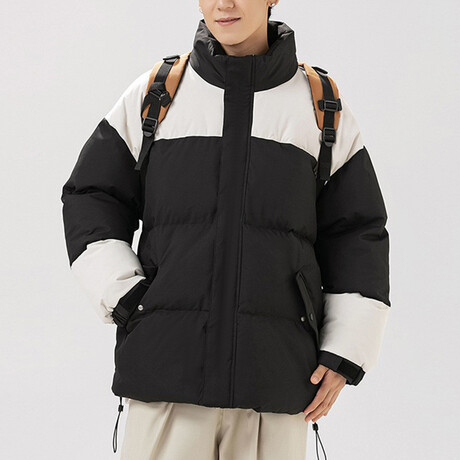 High Collar Color Blocked Puffer Jacket // Black + White (XS)