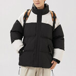 High Collar Color Blocked Puffer Jacket // Black + White (2XL)