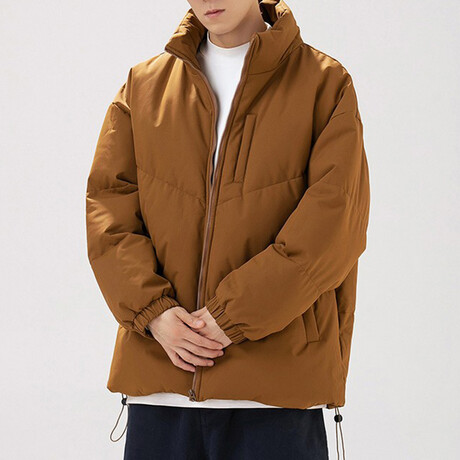 High Collar Front Pocket Puffer Jacket // Brown (XS)