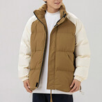 High Collar Collor Blocked Puffer Jacket // Beige + Cream (L)