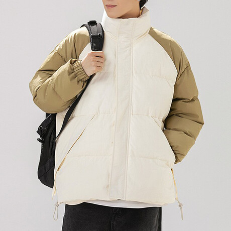 High Collar Collor Blocked Puffer Jacket // White + Beige (XS)