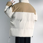 High Collar Color Blocked Puffer Jacket // Cream + Light Brown (L)