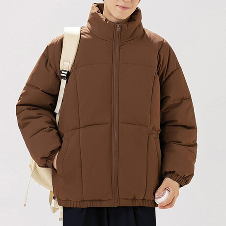 High Collar Big Square Pattern Puffer Jacket // Brown (XS)