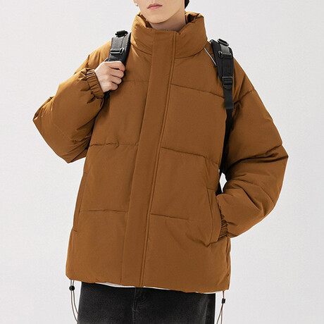 High Collar Shoulder Detail Puffer Jacket // Brown (XS)