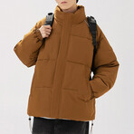 High Collar Shoulder Detail Puffer Jacket // Brown (L)