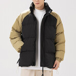 High Collar Collor Blocked Puffer Jacket // Black + Beige (L)