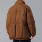 High Collar Big Square Pattern Puffer Jacket // Brown (L)