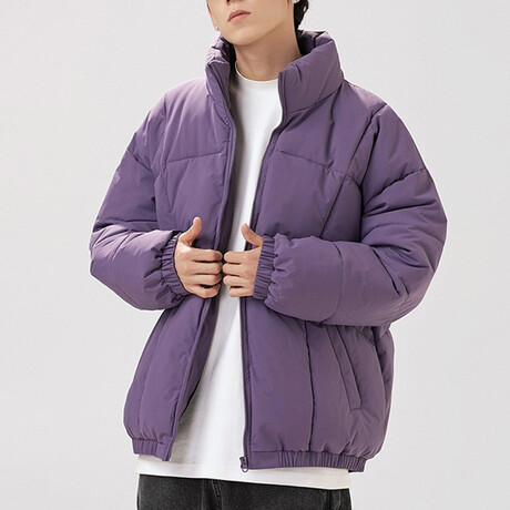 High Collar Big Square Pattern Puffer Jacket // Purple (XS)