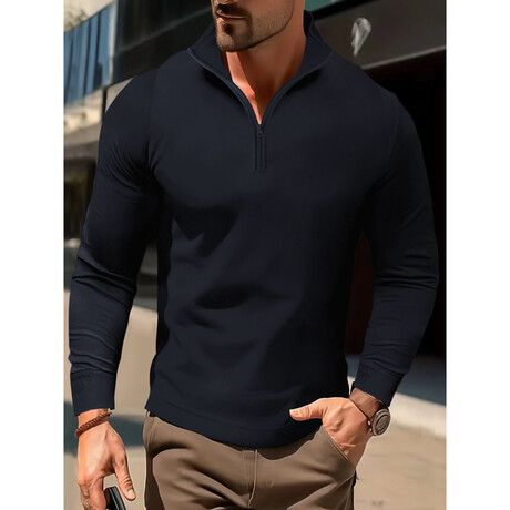 Long Sleeve Quarter Zip Polo Shirt // Navy Blue (L)