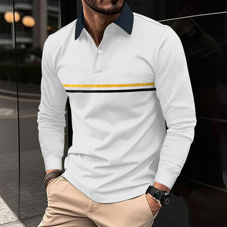 Long Sleeve Striped Button Polo Shirt // White (L)