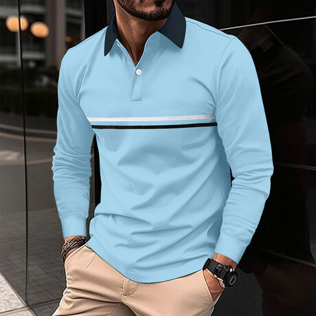 Long Sleeve Striped Button Polo Shirt // ky Blue (XS)