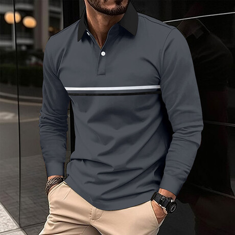 Chest Striped Long Sleeve Polo Shirt // Gray (XS)