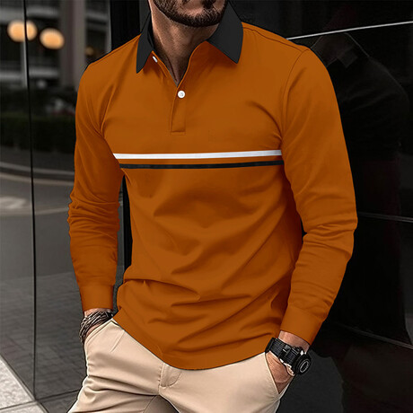 Chest Striped Long Sleeve Polo Shirt // Brown (XS)
