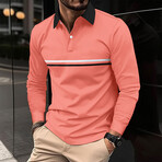 Long Sleeve Striped Button Polo Shirt // Pink (L)