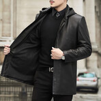 Hooded Leather Coat // Black // Style 2 (XL)