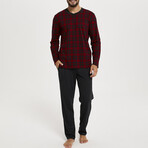 2 Pc Set - Long Sleeve Shirt + Trousers // Red Plaid + Black (XL)