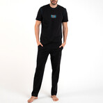 2 Pc Set - Short Sleeve Shirt + Trousers with Front Logo // Black (2XL)