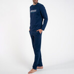 2 Pc Set - Long Sleeve Shirt + Trousers with Front Logo // Navy Blue (2XL)