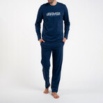 2 Pc Set - Long Sleeve Shirt + Trousers with Front Logo // Navy Blue (M)