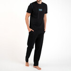 2 Pc Set - Short Sleeve Shirt + Trousers with Front Logo // Black (2XL)
