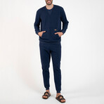 2 Pc Set - Long Sleeve Shirt Kangaroo Pocket + Trousers // Navy Blue (XL)