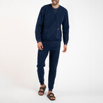 2 Pc Set - Long Sleeve Shirt Kangaroo Pocket + Trousers // Navy Blue (M)