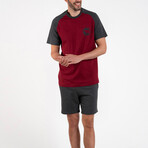 2 Pc Set - Raglan Short Sleeve Shirt + Shorts // Bordeaux + Dark Gray Melange (2XL)