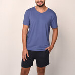2 Pc Set - Short Sleeve Shirt + Shorts // Blue + Navy Blue (L)