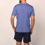 2 Pc Set - Short Sleeve Shirt + Shorts // Blue + Navy Blue (XL)