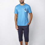 2 Pc Set - Short Sleeve T-Shirt + 3/4 Trousers // Light Blue + Navy Blue (M)
