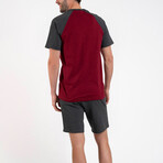 2 Pc Set - Raglan Short Sleeve Shirt + Shorts // Bordeaux + Dark Gray Melange (L)