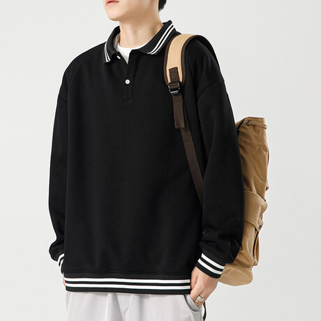 Striped Hems Polo Sweatshirt // Black (XS)
