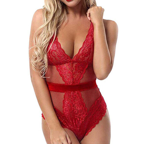 Lace + Mesh Bodysuit // Red (XS)