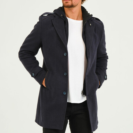 Button & Zip Up Hooded Coat // Dark Blue (M)