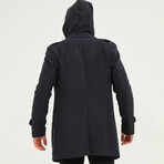 Button & Zip Up Hooded Coat // Dark Blue (M)