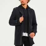 Button & Zip Up Hooded Coat // Dark Blue (M)