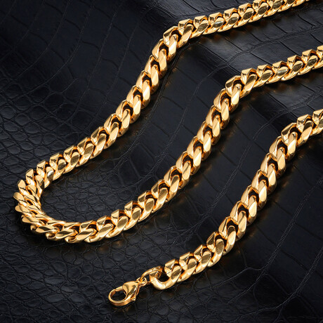 Polished Gold Plated Stainless Steel 12mm Beveled Curb Chain Necklace // 26"