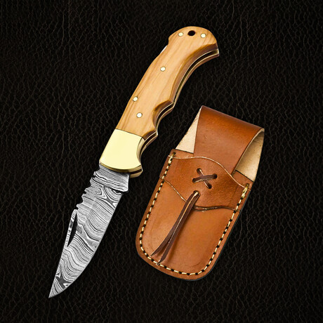 6.5" Handmade Olive Wood Handle // Damascus Pocket Knife // Leather Sheath